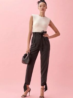 Reformation Black Paperbag Waist Straight-Leg Pants with Ankle Ties